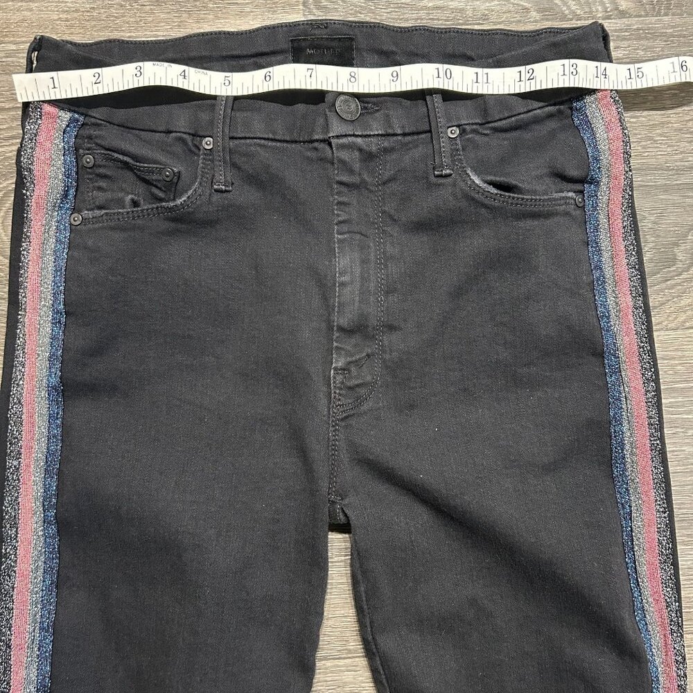 MOTHER Size 28 High Waisted Looker Ankle Fray Quilty Glitter Racer Jeans Black - Picture 6 of 13